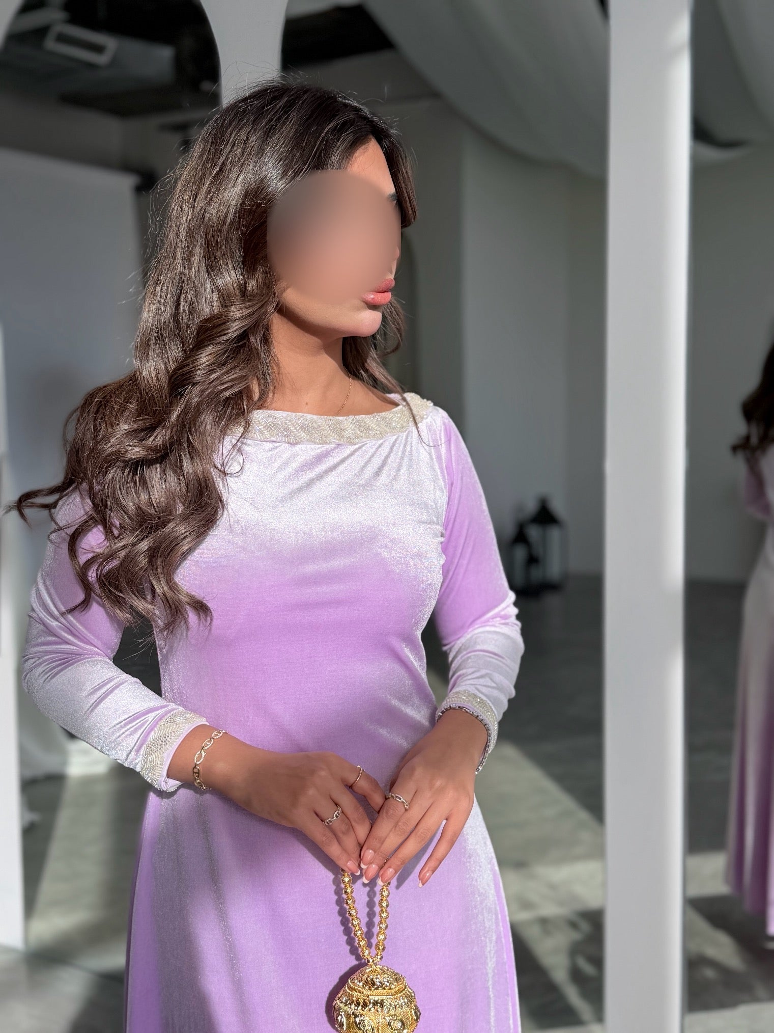 MWJ031 - جلابية مخمل سترتش موف فاتح و شك كلفة - Aya