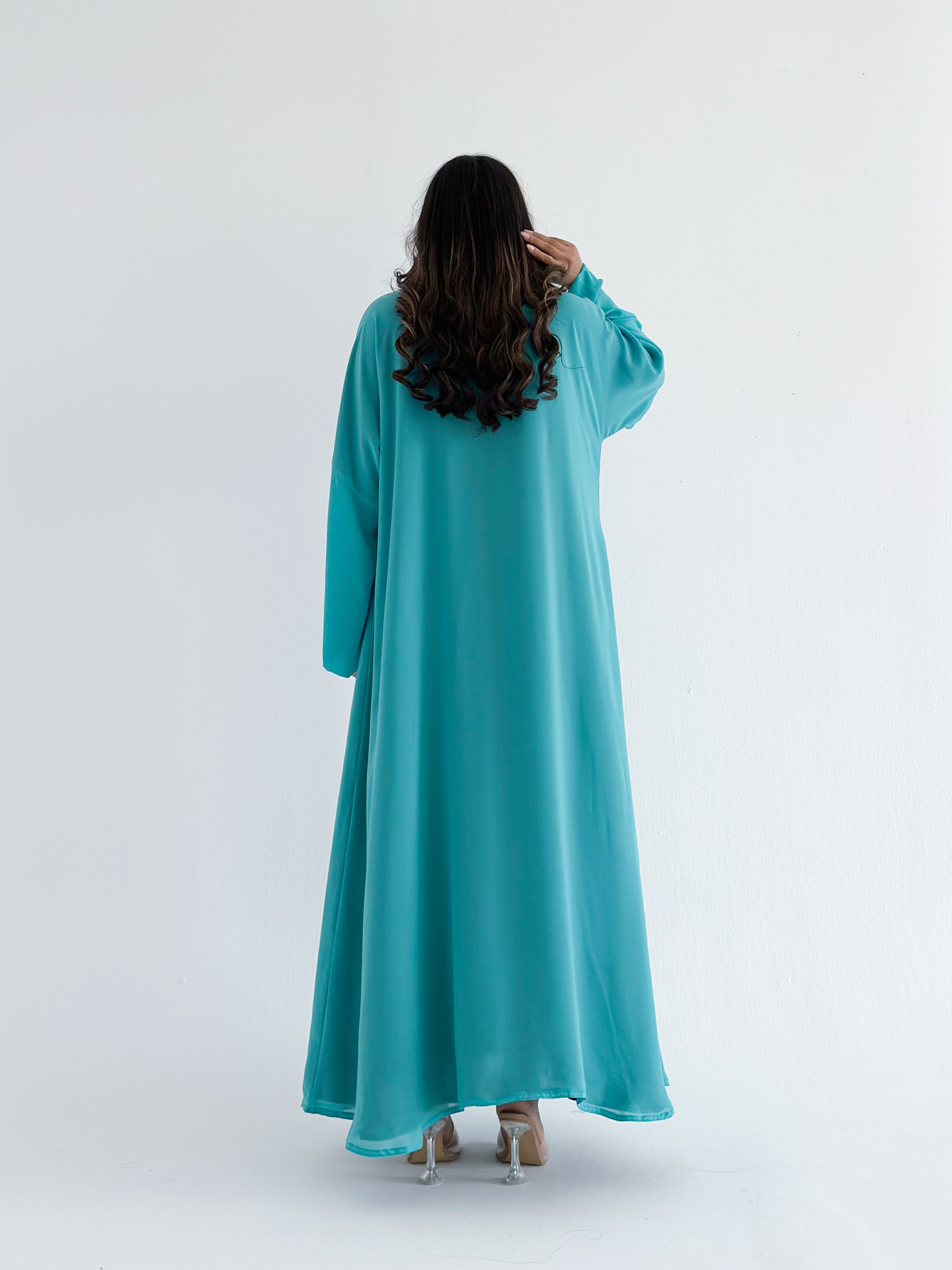MWT1259 - عباية دبل فيس اسود وتركواز