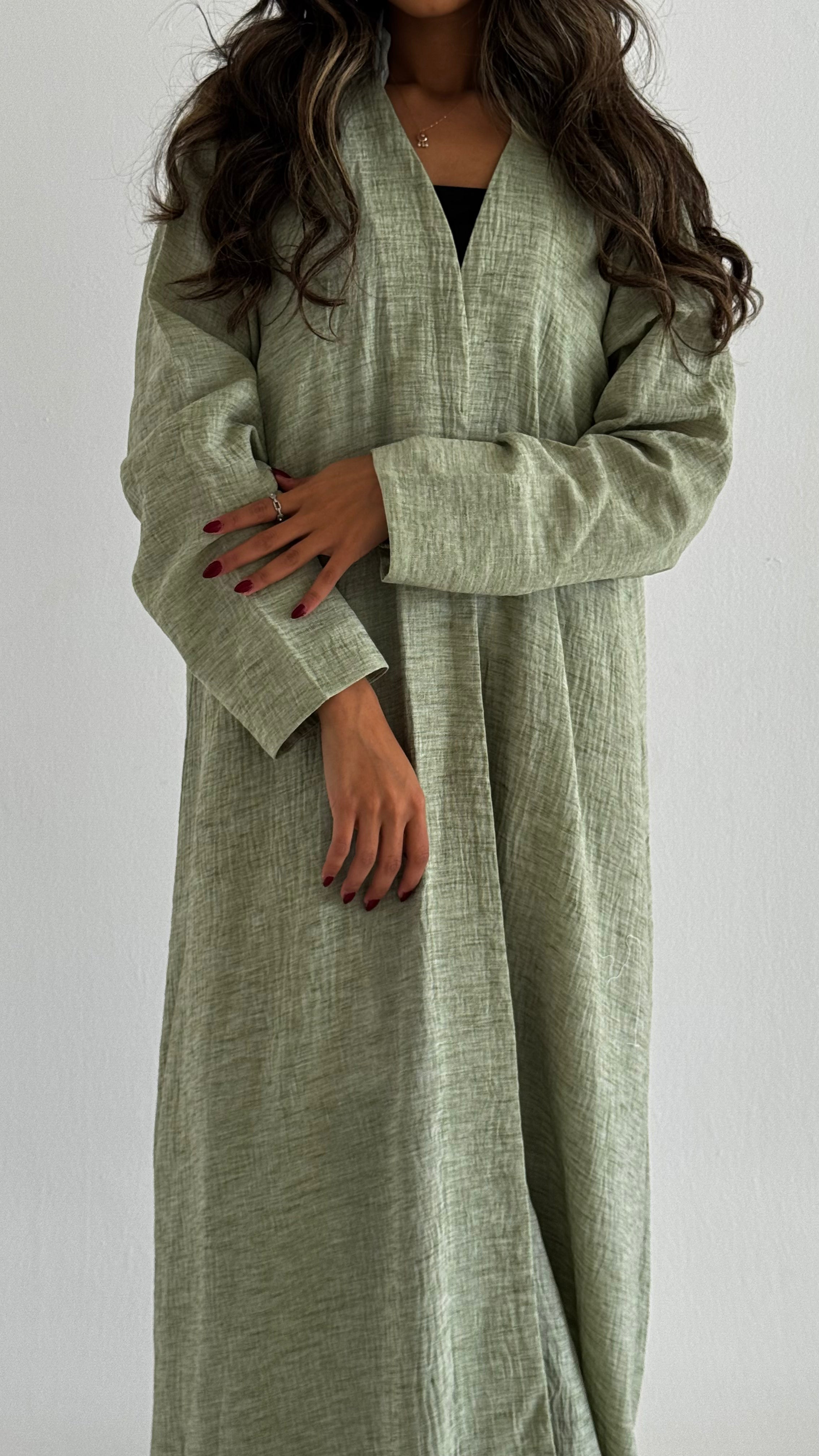 MWT529 - عباية أخضر فاتح لنن - Aya