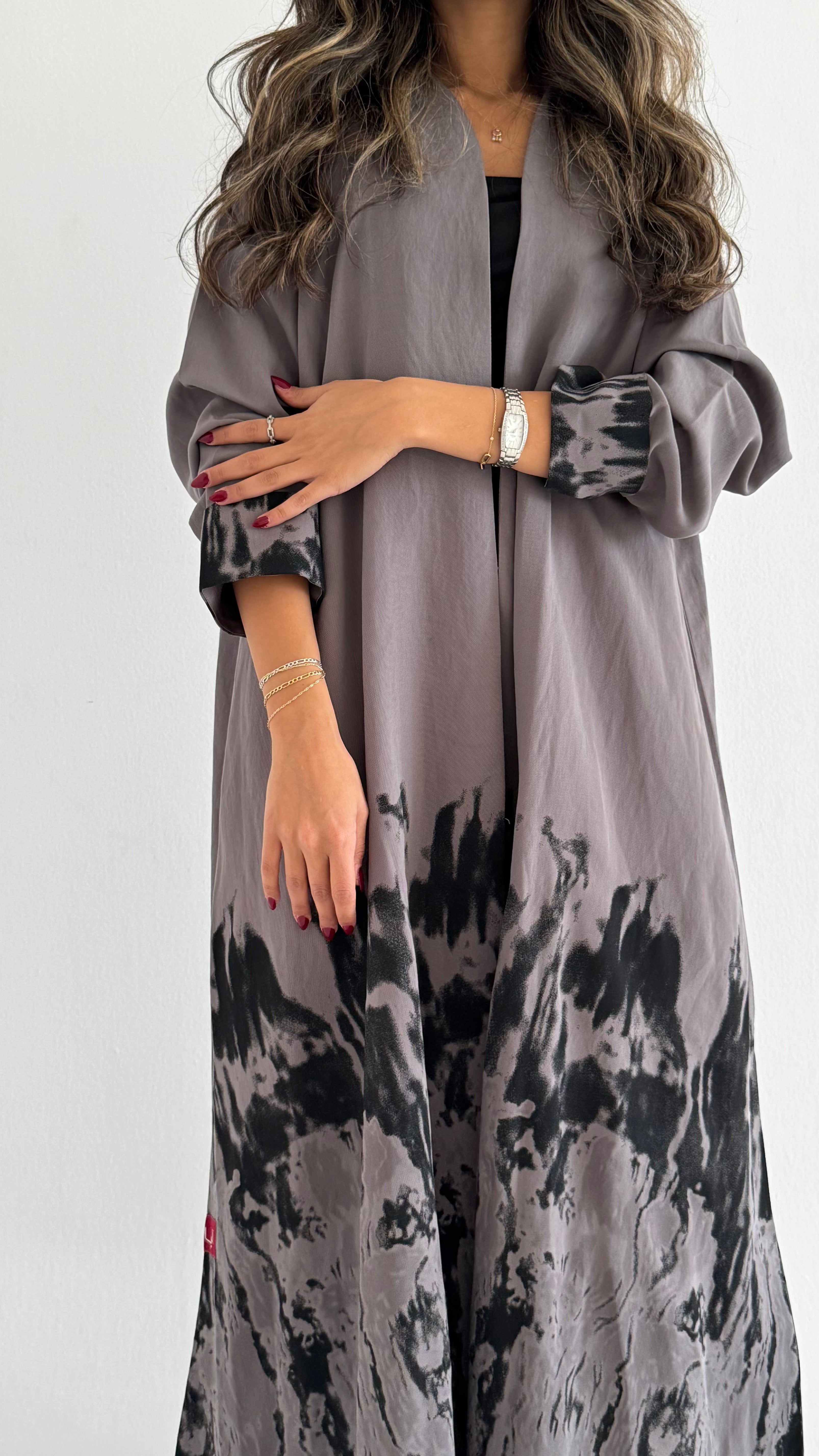 MWT382 - عباية رصاصي طباعة - Aya