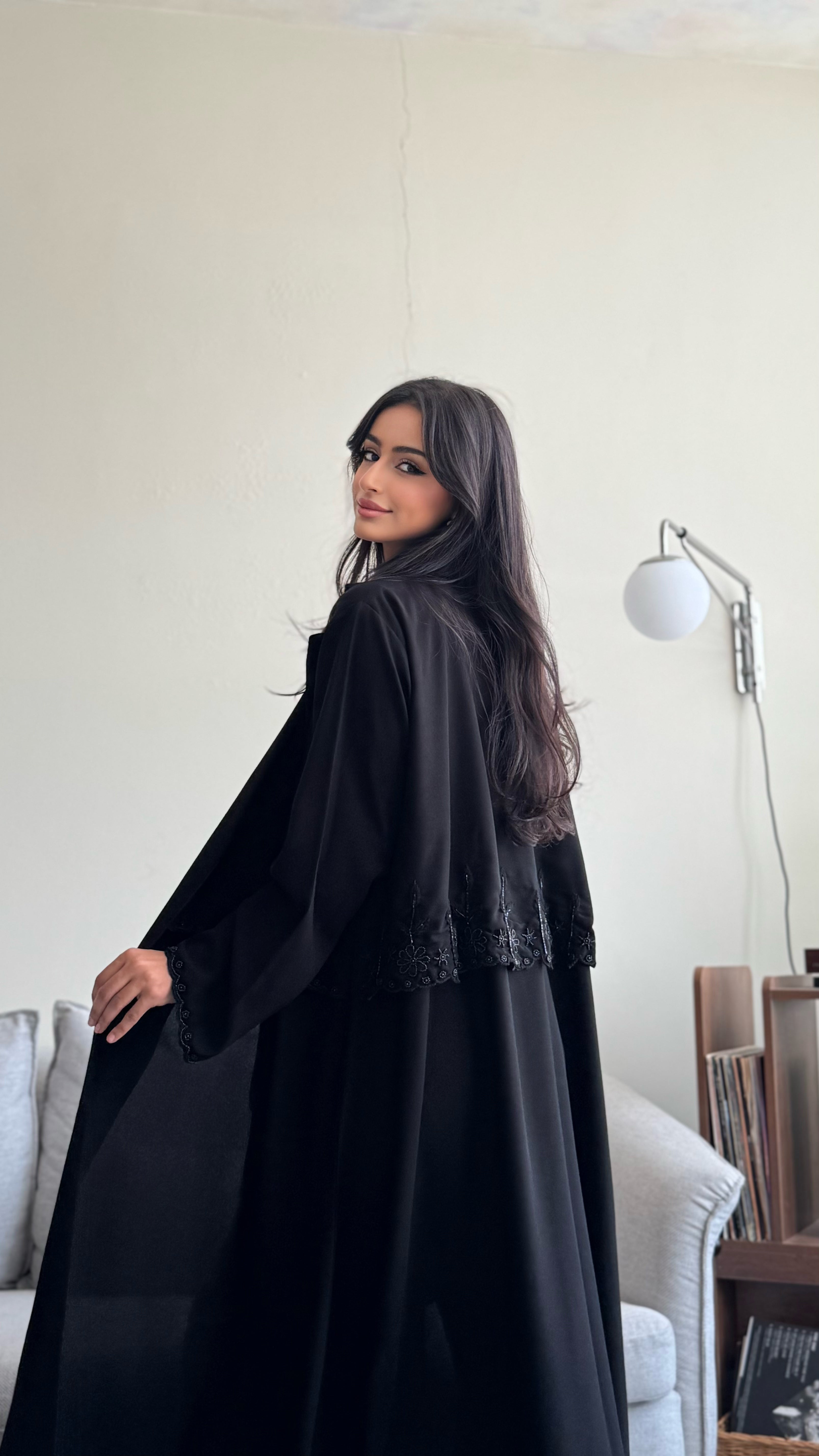 MW1635 - عباية سوداء بتطريز أسود | Black Abaya with Black Embroidery - Aya
