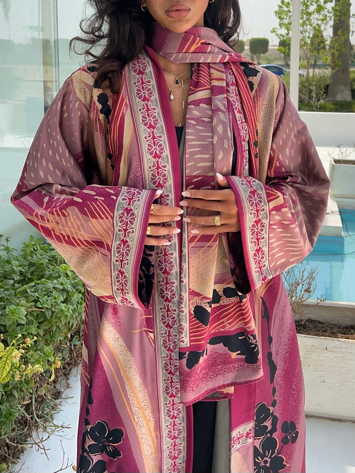 MW1614 - عباية مطبوعة حرير جاكار - Pink Jacquard - Aya