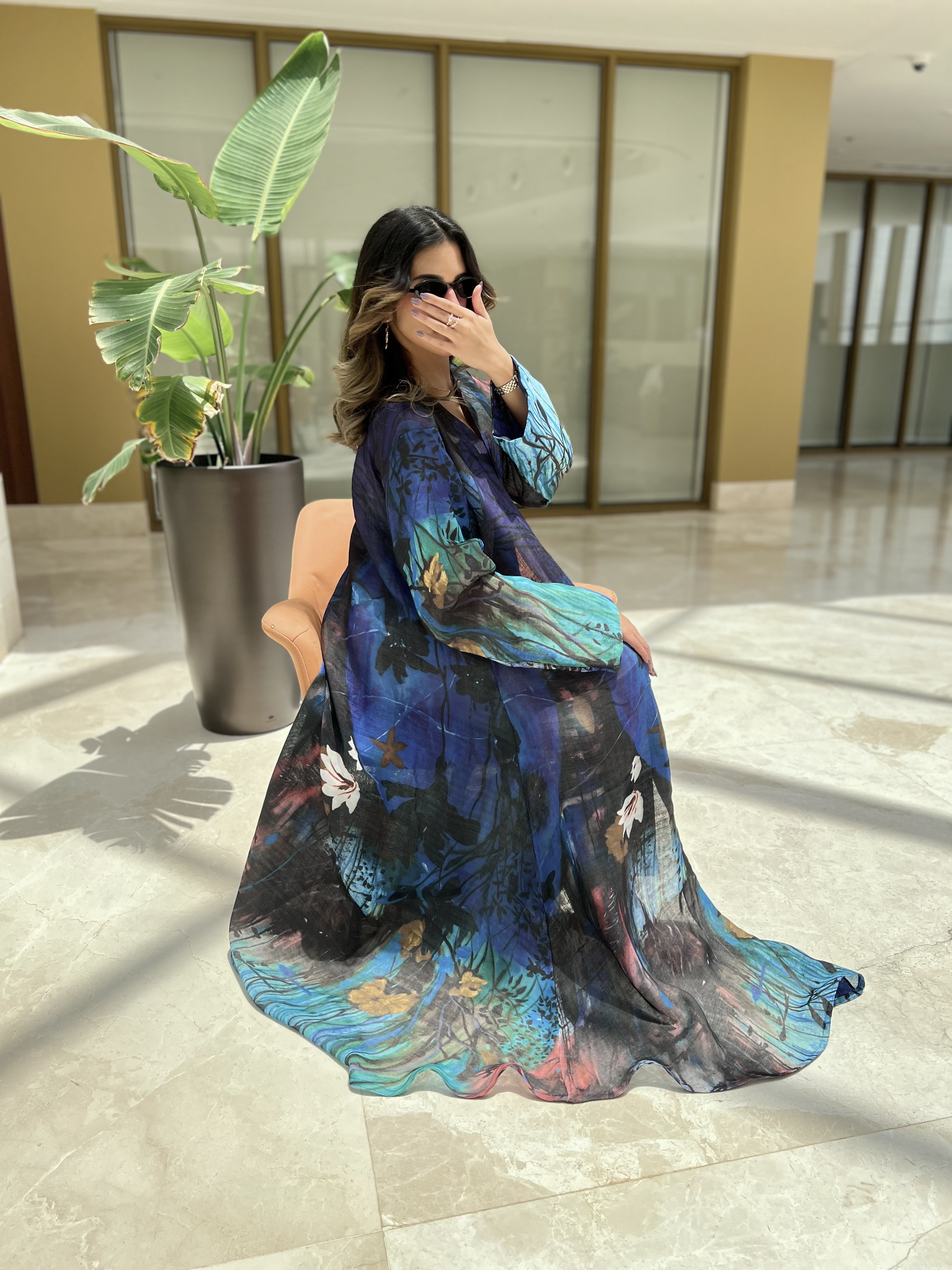 MW1626 - عباية لنن مشجر-Printed Linen