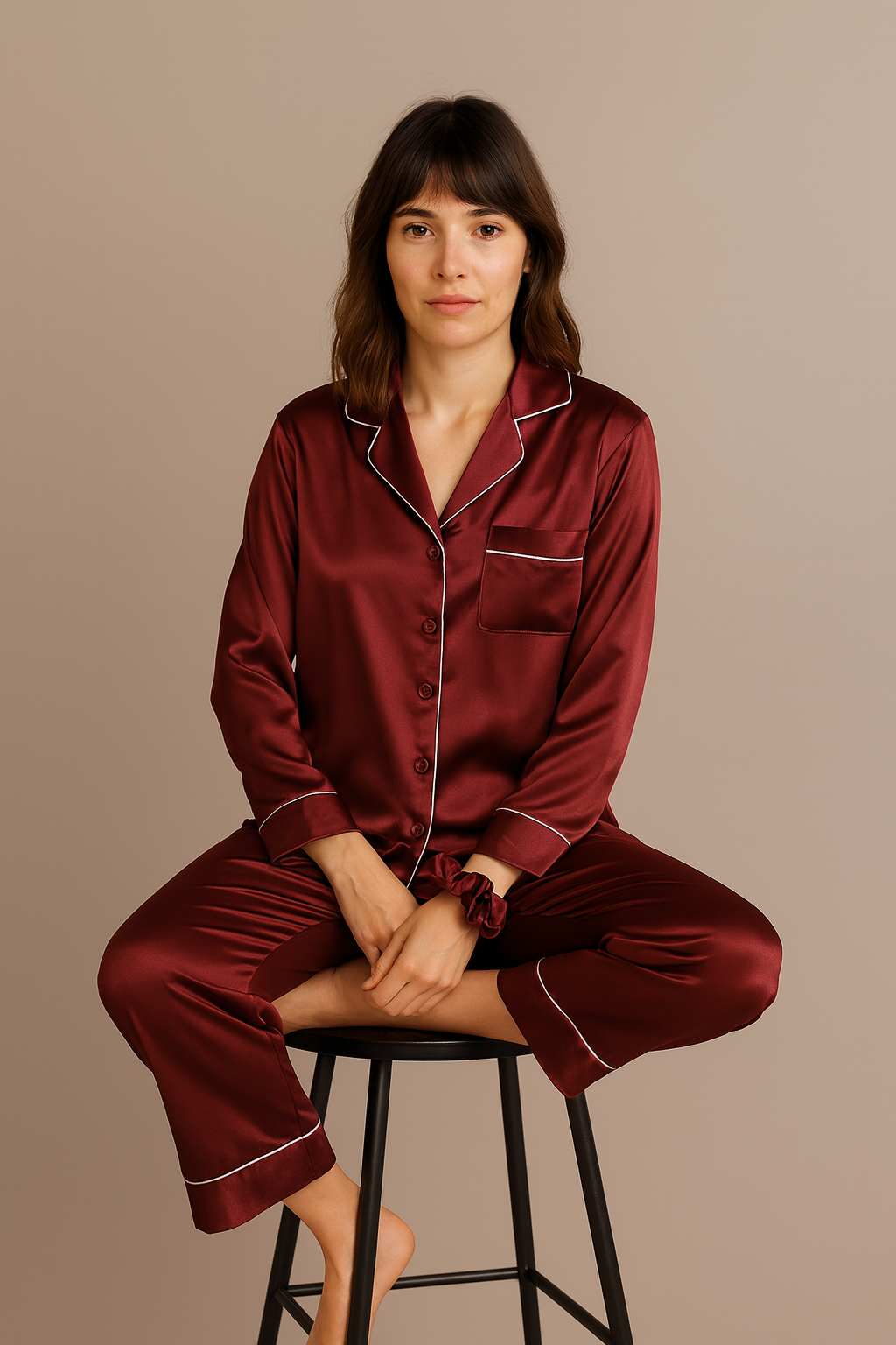 MWP04 -Button Down Silk PJ Sets with Free Scrunchie- Maroon - | طقم بجامة حرير - عنابي (ربطة شعر مجانية)