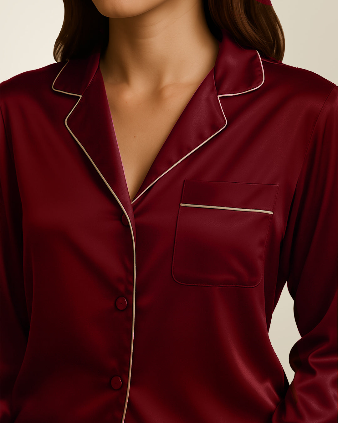 MWP04 -Button Down Silk PJ Sets with Free Scrunchie- Maroon - | طقم بجامة حرير - عنابي (ربطة شعر مجانية)