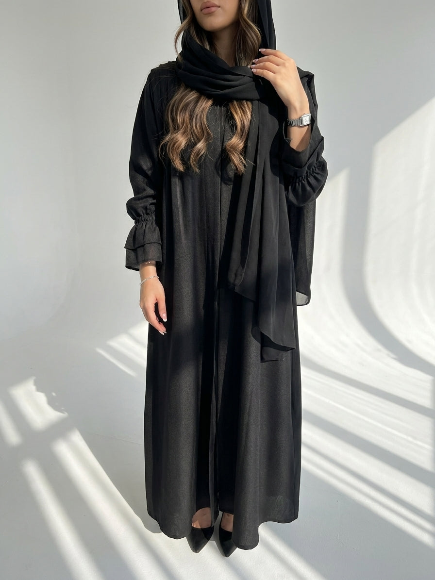 MWT4092  -  عباية لنن ناعمة باللون الاسود - Aya