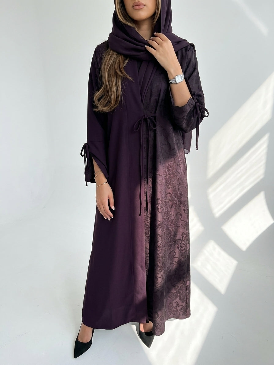 MWT4097  -  عباية جاكار و كريب لونها بنفسجي غامق تقفيلة ربطة - Aya