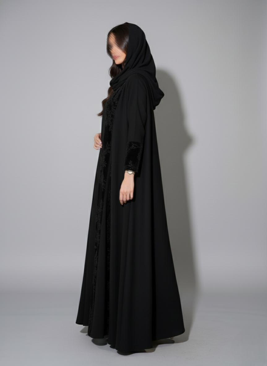 MWT901 - عباية كلوش سيراميك بمخمل مطرز بالورد - Aya