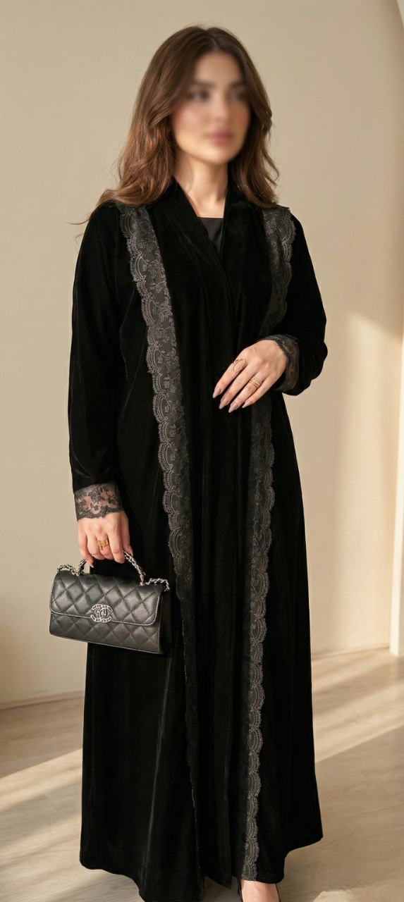 MWE910 - عباية مخمل مع اطراف دانتيل
