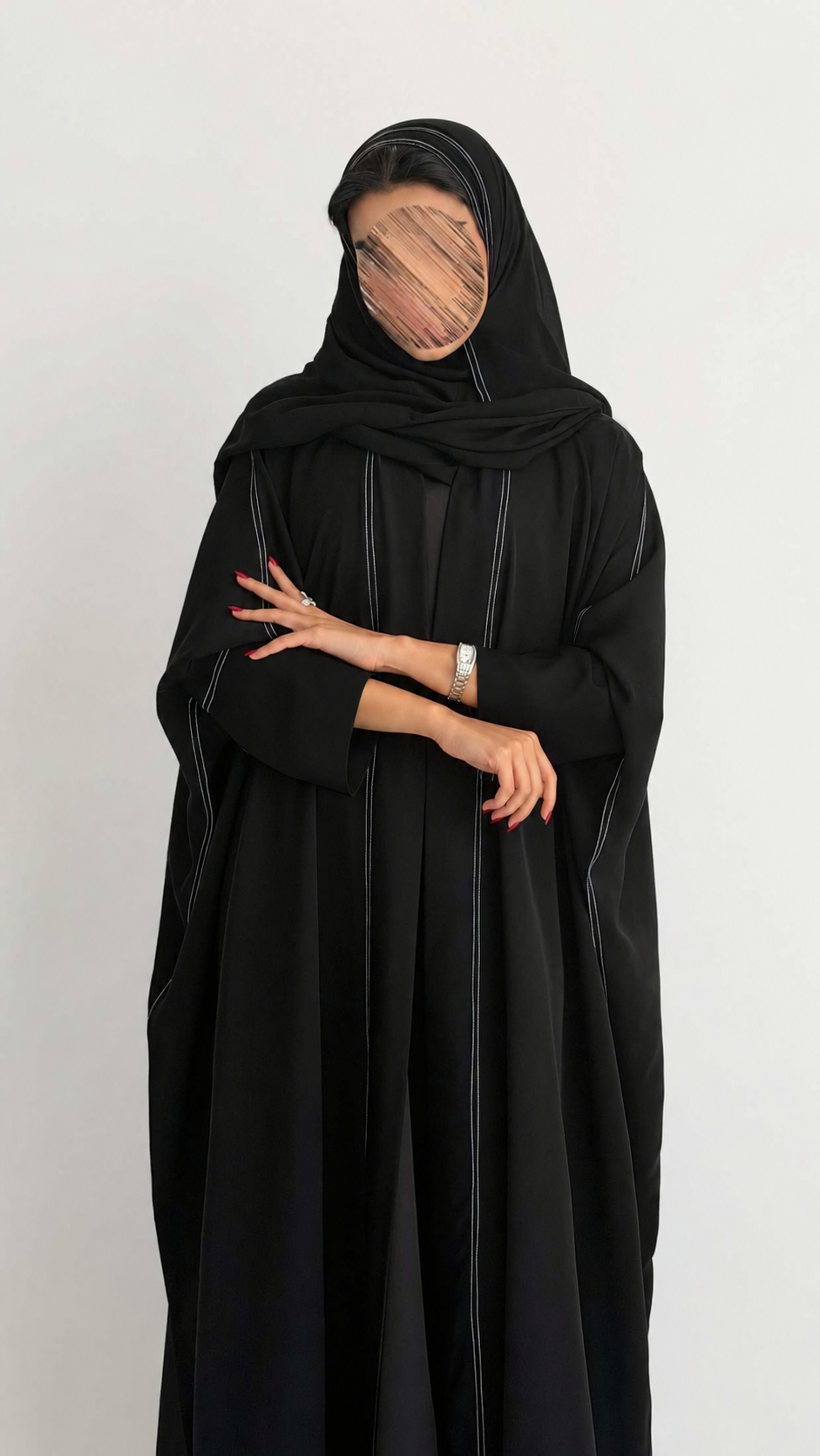 MW2200 - عبايه كريب نص بشت بقصه راقية  وحصري بستايل اكمام مطوية - Aya