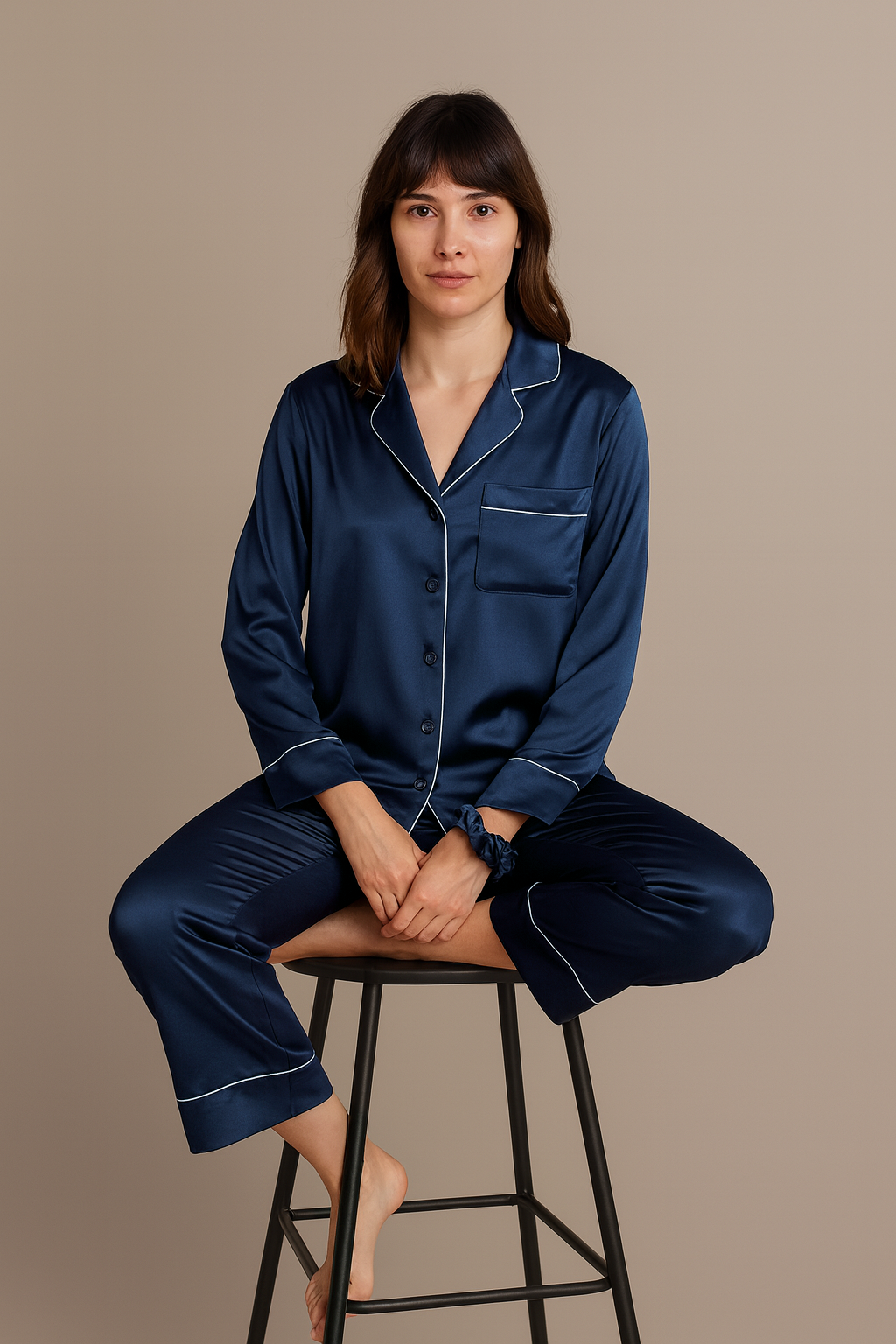 MWP02 -Button Down Silk PJ Sets with Free Scrunchie- Navy Blue | طقم بجامة حرير - كحلي (ربطة شعر مجانية)