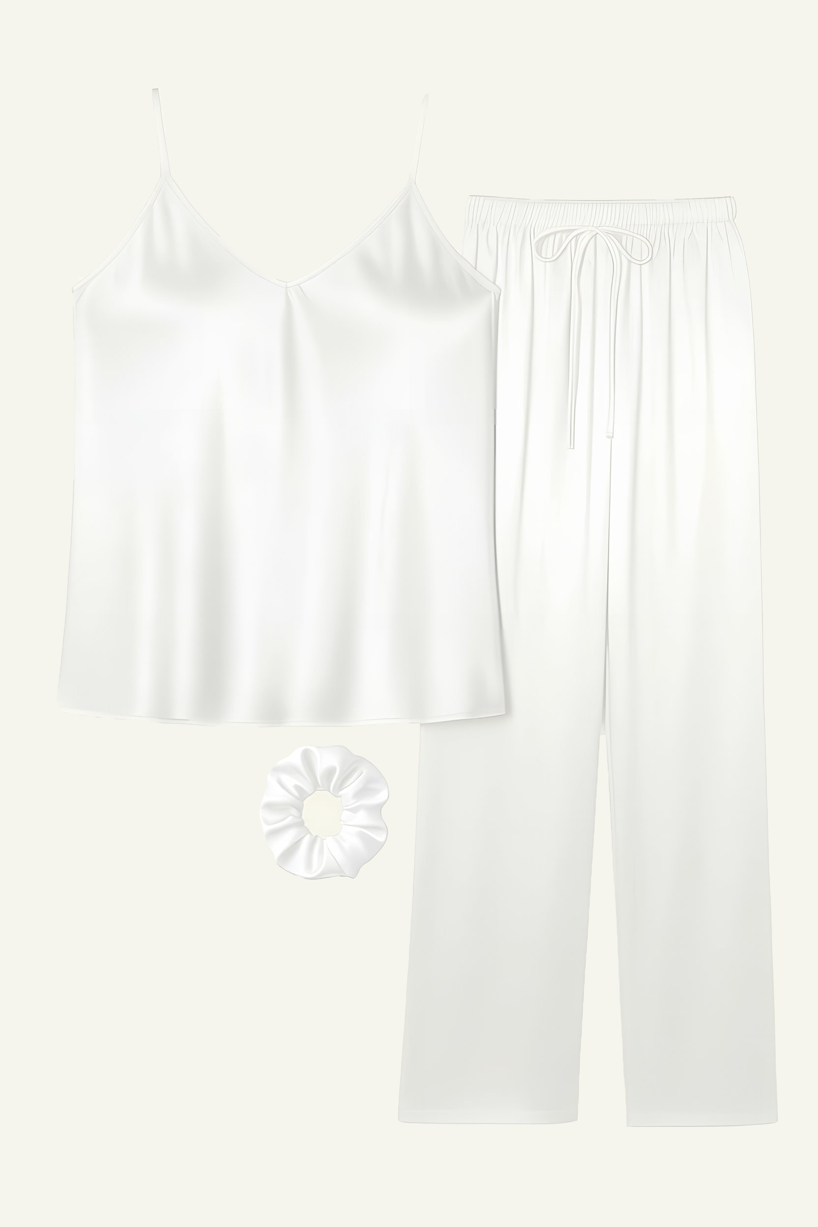 MWP06 -Cami Style Silk PJ Sets with Free Scrunchie- White | طقم بيجامة حرير بقصّة كامي مع ربطة شعر مجانية – أبيض - Aya