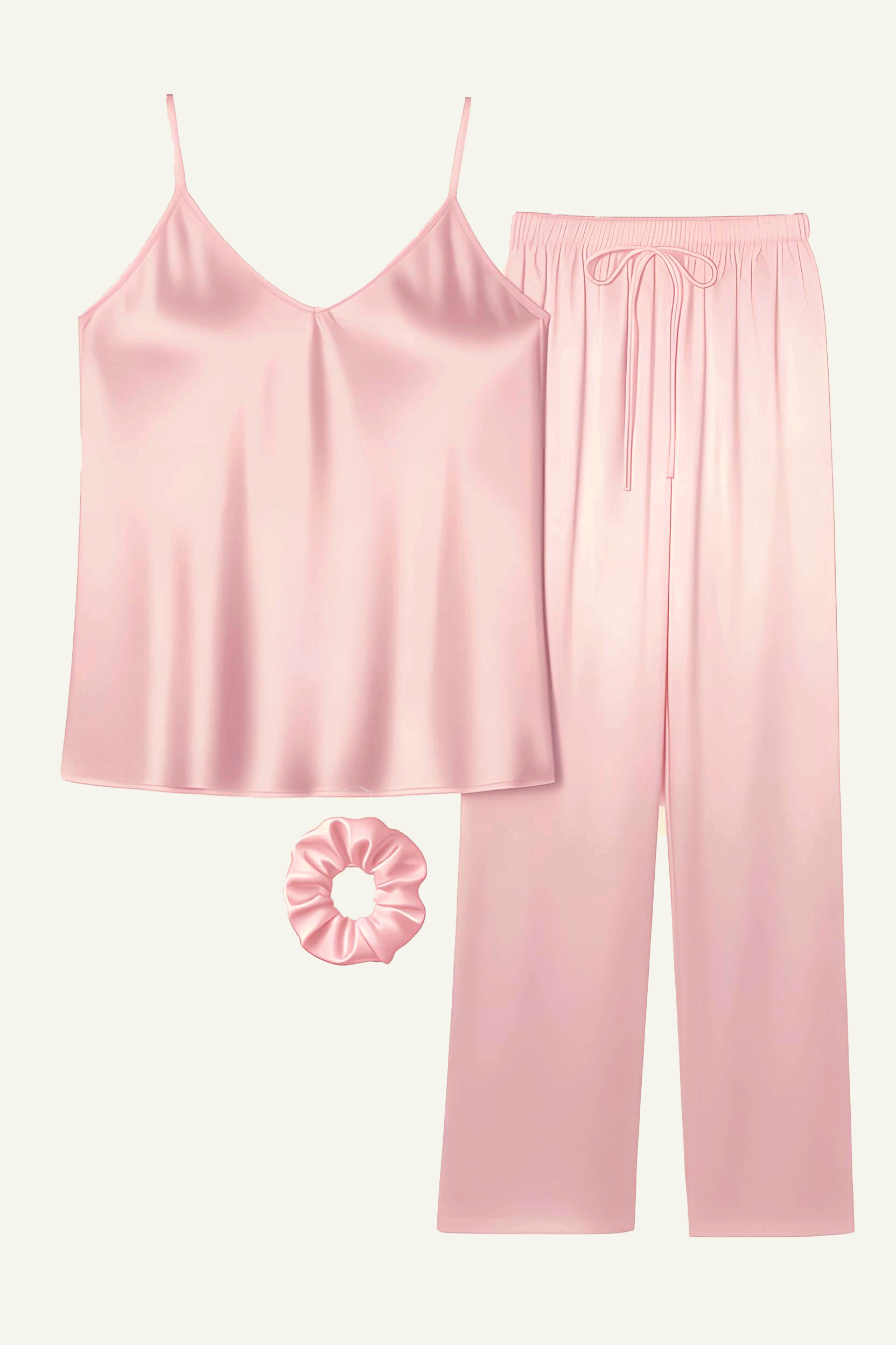 MWP07 -Cami Style Silk PJ Sets with Free Scrunchie- Pink  | طقم بيجامة حرير بقصّة كامي مع ربطة شعر مجانية – وردي - Aya