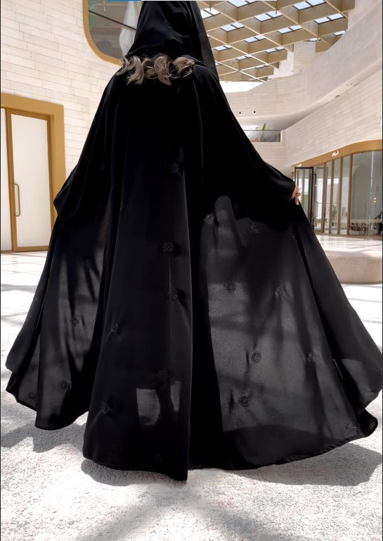 MW1600 -  عباية سوداء كريب مطرزة بالكامل | Black Fully-Embroidered Crepe Abaya