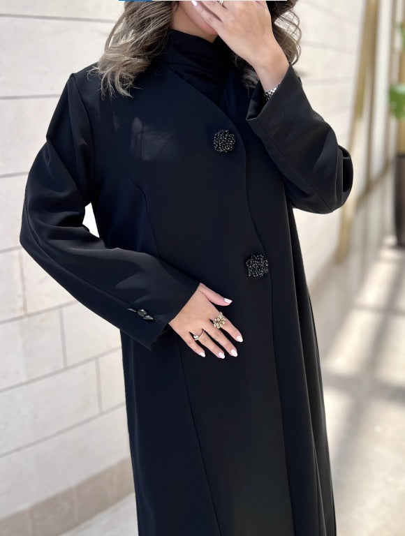 MW1601 -  عباية بليزر باللون الأسود الفاحم | Charcoal Black Blazer-Style Abaya