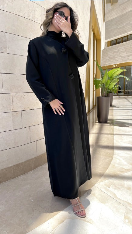 MW1601 -  عباية بليزر باللون الأسود الفاحم | Charcoal Black Blazer-Style Abaya