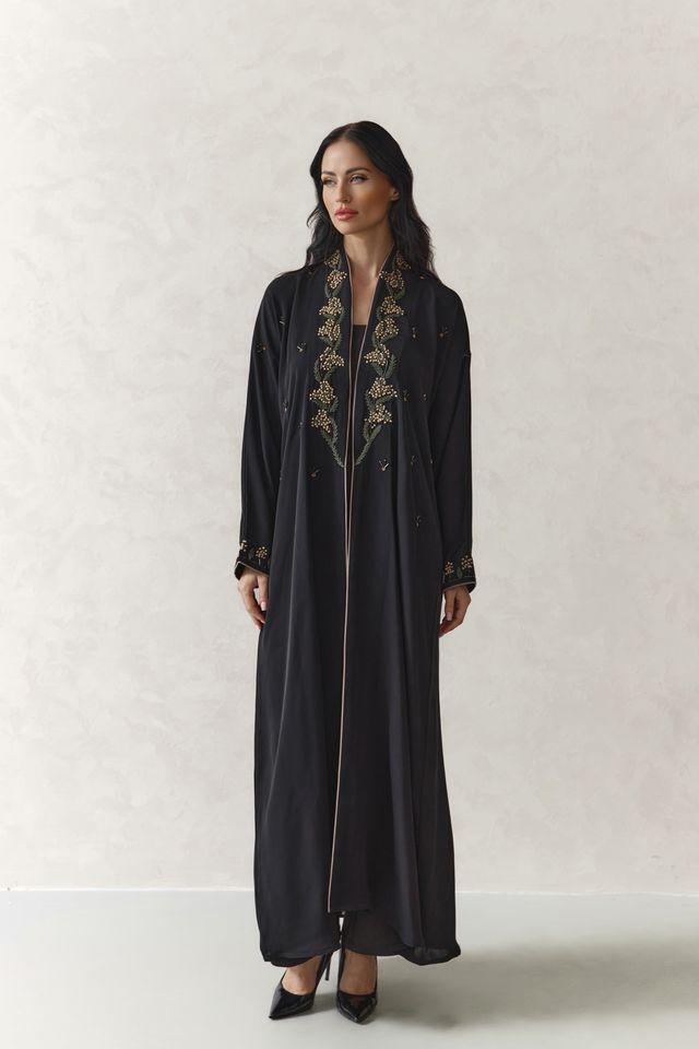 MW1874 -عباية مطرزة من الامام والاكمام بلمسات راقي مع اضافة فستان داخلي