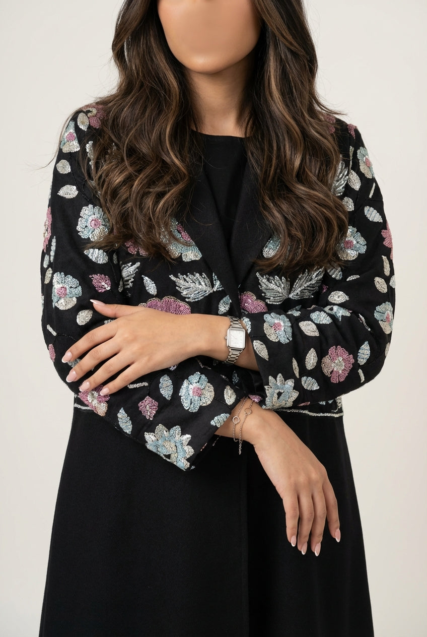 عباية لنن اسود بتطريز ورد  - Image 3