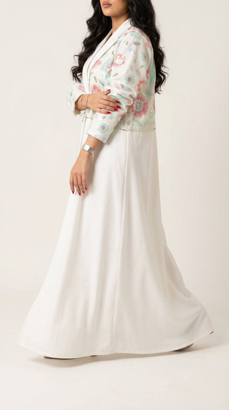 عباية لنن بيضاء بتطريز ورد  - Image 4