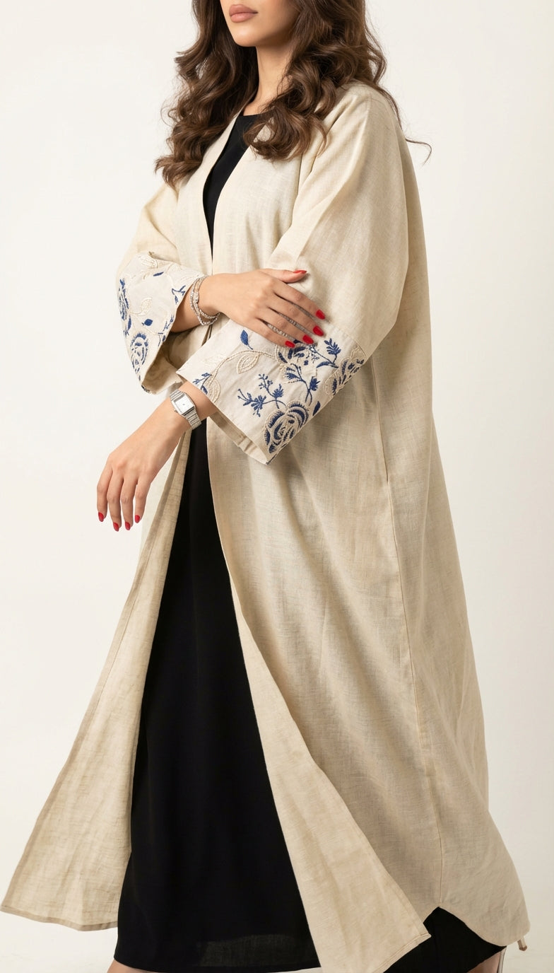 MWT780 - عباية لنن مع تدخيله أكمام لنن مطرز أزرق