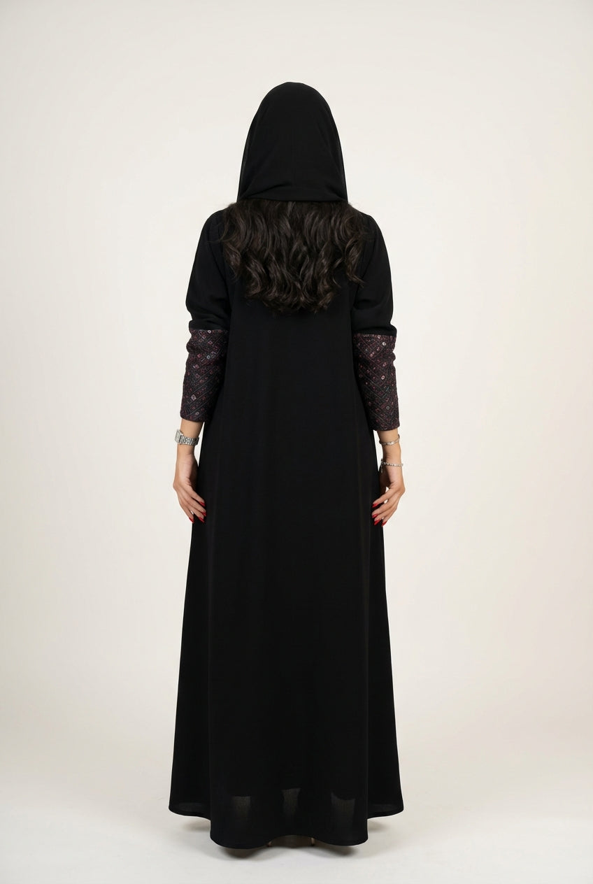 عباية اسود بتدخيلة لنن مطرز بالاكمام  - Image 4