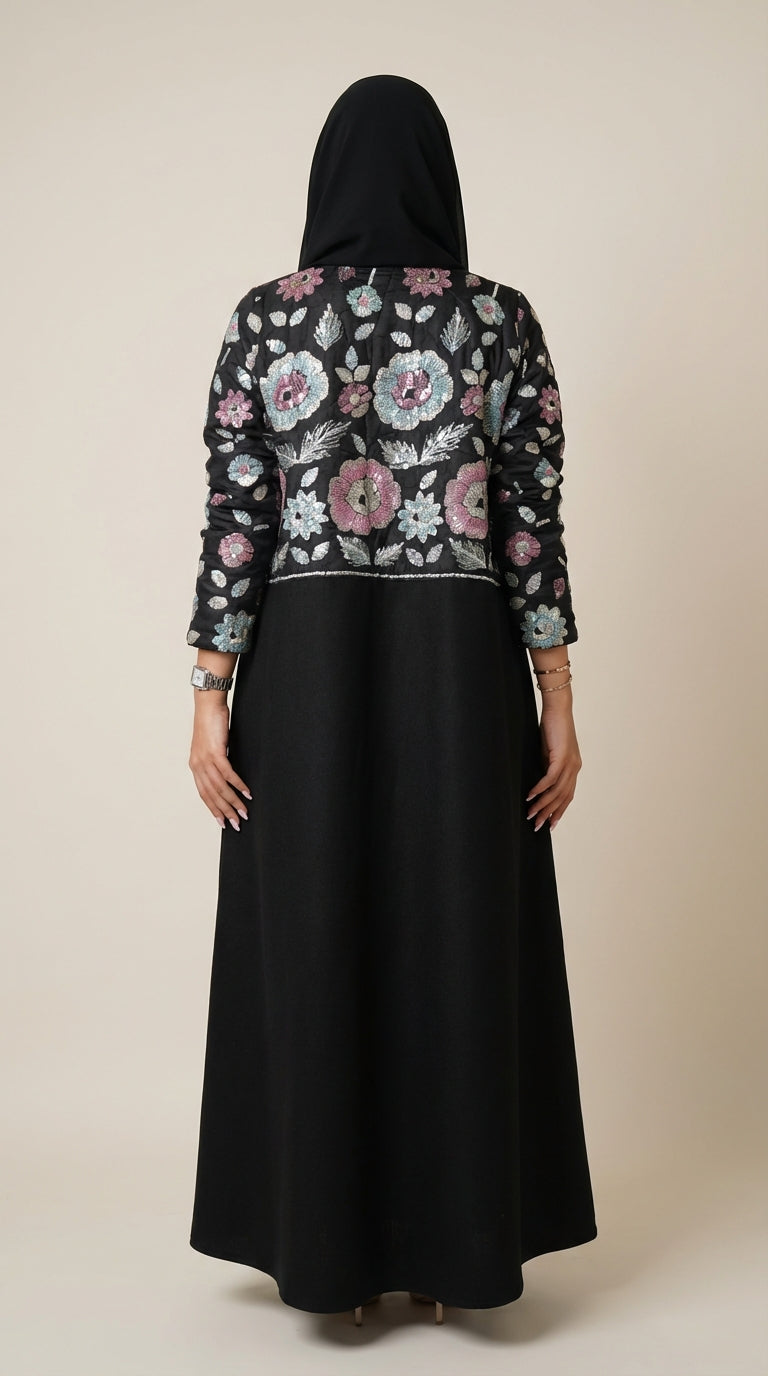عباية لنن اسود بتطريز ورد  - Image 4