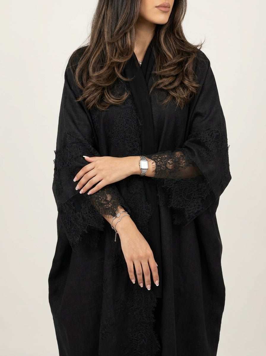 عباية قماش لينن مع  دانتيل  - Image 3