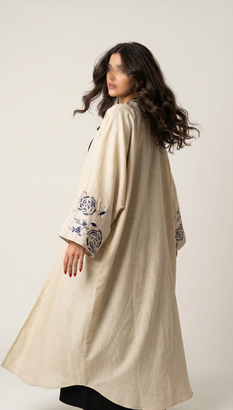 MWT780 - عباية لنن مع تدخيله أكمام لنن مطرز أزرق