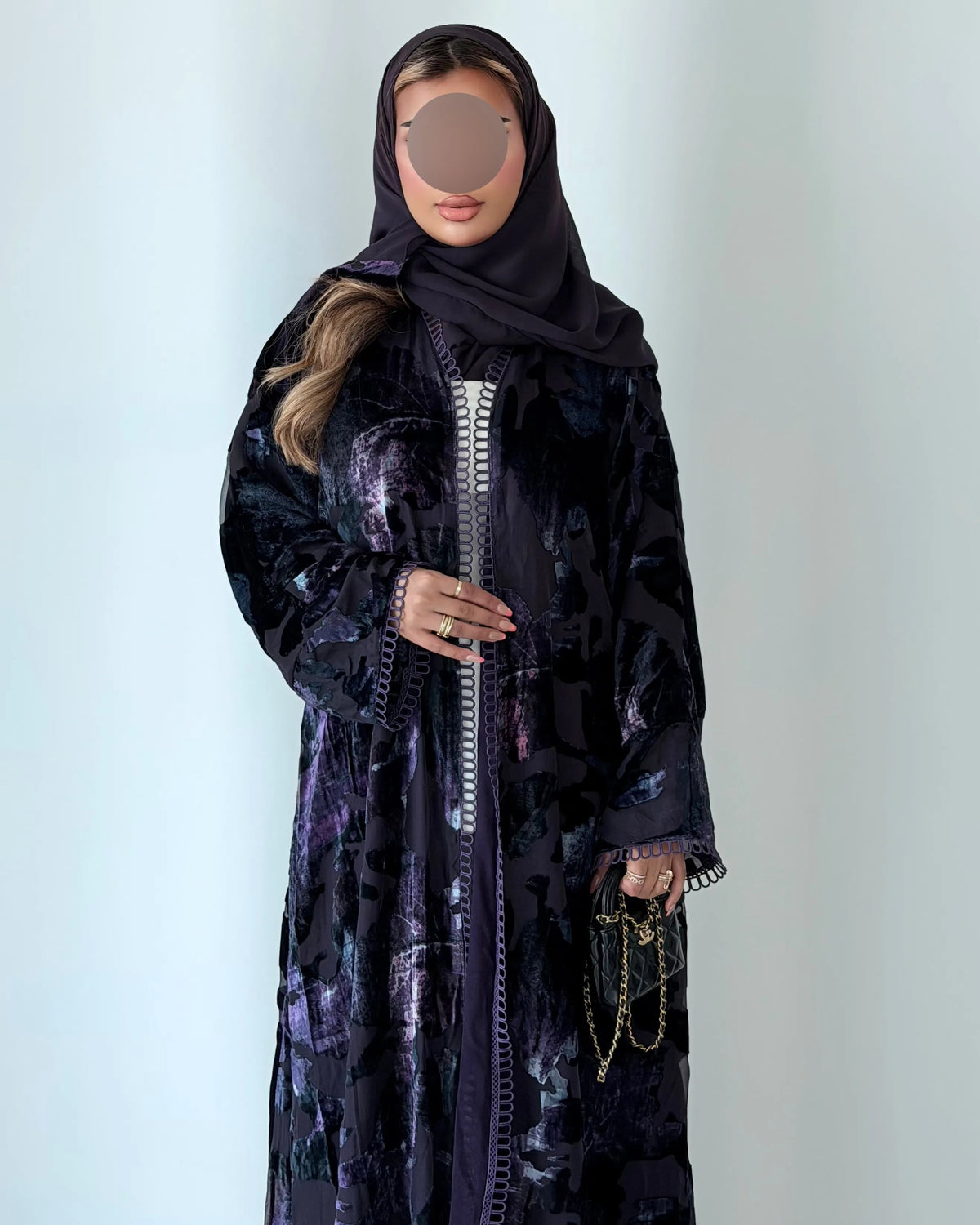 MWT5286 - عباية شيفون مخمل بنفسجي مبطنة و كلفة ناعمة بنفسجي - Aya